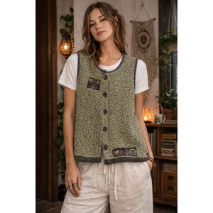 Boho Olive Textured Knit Vest – Artisan Patch – M – Relaxed Cottagecore Layering